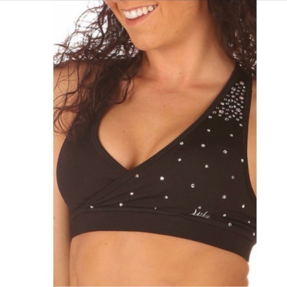 Mika Yoga pole dance top rhinestone sparkles, size large, black